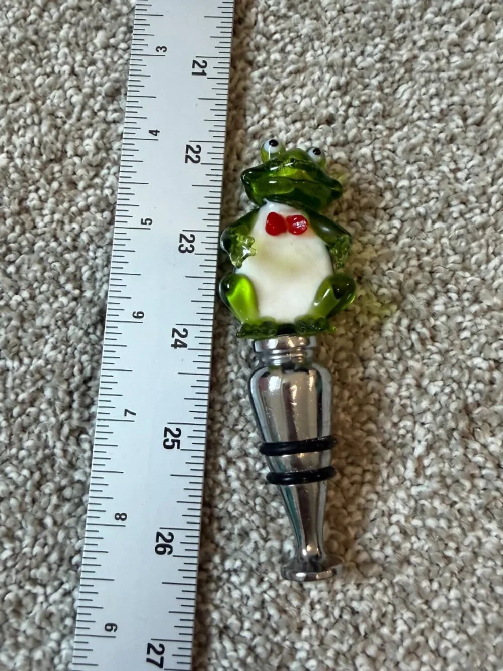 Hand Blown Art Glass Frog Wine Bottle Stopper Green Glass Frog Chrome Barware